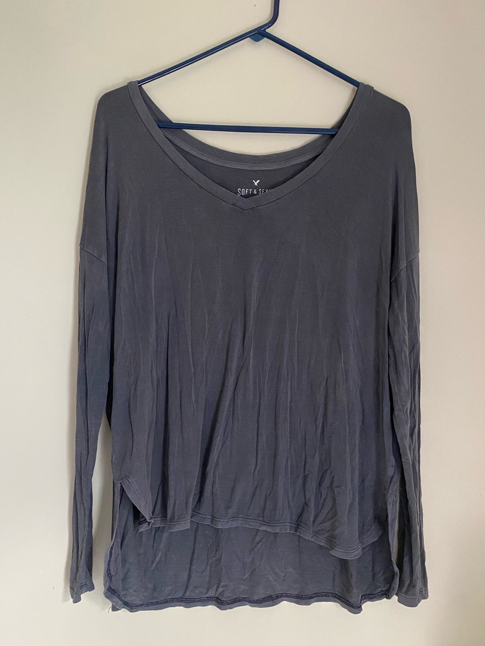 American Eagle Outfitters Long Sleeve V-Neck Top - Slate Gray